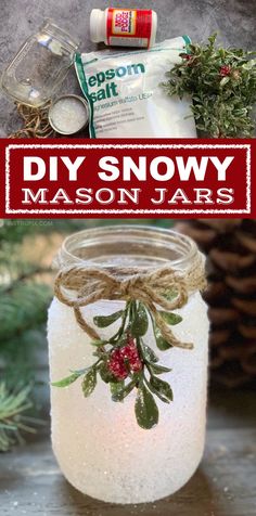 mason jar filled with homemade diy snow and christmas decorations