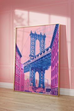 an image of the brooklyn bridge painted on canvas in pink and blue colors with wood flooring