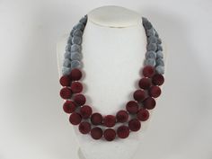 "Chunky garnet red ruby and gray statement necklace, multi strand raspberry necklace, beaded necklace, big garnet  beads, red statement jewelry, matching earrings, BEST SELLER  2020 Fashion A bold and dramatic statement necklace featuring raspberry acrylic  flocky  beads with gray  beads.   2 strands, light weight. Silver plated  lobster clasp Measurements: 18\"  (48 cm) plus 3\" extender Each piece of jewelry from my shop comes beautifully packaged in box and ready for gift giving.  Matching ea Raspberry Necklace, Jewelry Matching, Pink Choker, Red Beaded Necklaces, Turquoise Statement Necklace, Pearl Statement Necklace, Green Beaded Necklace, Necklace Big, Chunky Statement Necklace