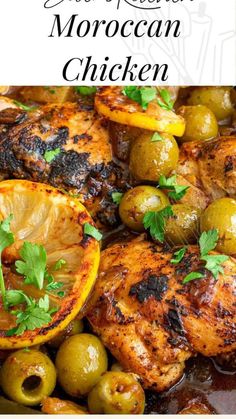 chicken with olives and lemon in a pan on the stove top, text overlay reads