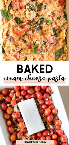 cream cheese and tomatoes in a casserole dish Easy Dinner Recipes Cream Cheese, Cream Cheese In Pasta, Vegetarian Cream Cheese Recipes, Pasta Dish With Cream Cheese, Pasta Recipe With Cream Cheese, Cream Cheese Recipes Pasta, Pasta Bake Cream Cheese, Cream Cheese Tomato Pasta Bake, Tomato Cream Cheese Pasta