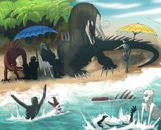 an image of people in the water with umbrellas and monsters around them on beach