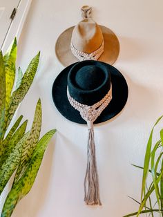 two hats and a tassel hanging on the wall next to some potted plants