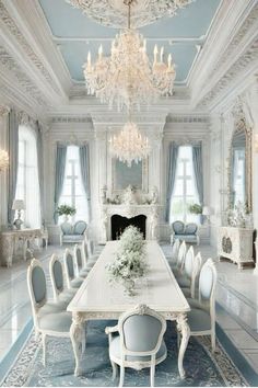 an elegant dining room with chandelier and white table surrounded by blue rugs