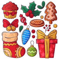 christmas items are grouped together in this hand drawn doodle