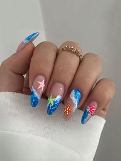 24 Pcs/Set Almond Long Cool Summer Waves Multi Colour Starfish Design Removable Full Coverage Fake Nail Pads Suitable For Girls/Women's Daily Life. Party. Travelling And Other Decorative Use + 1pc Jelly Gel + 1pc Nail File. Multicolor     Colorblock,Plants Color Nails   Nail,Hand & Foot Care, size features are:Bust: ,Length: ,Sleeve Length: The Summer I Turned Pretty Inspired Nails, Nails Holiday Summer, Island Vacation Nails, Cute Nails Summer, Starfish Nails, Travel Nails, Cruise Nails, French Tip Nail Art, Wave Nails