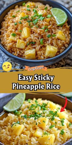 pineapple rice in a bowl with limes and cilantro on the side