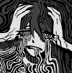 a black and white drawing of a woman covering her face with her hands over her eyes