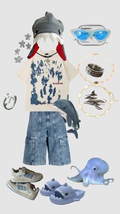 Shark Clothing Aesthetic, Cute Shark Outfit, Fish Outfit Aesthetic, Shark Core Outfits, Shark Themed Outfit, Silly Outfit Ideas, Fishcore Outfit, Shark Inspired Outfit, Sharkcore Outfits