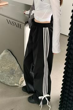 Bow Tie Side Stripe Pants , coquette side stripe pants with bows, adidas bow pants , stripe bow pant Coquette Pants, Y2k Aesthetic Clothes, Aesthetic Pants, Side Stripe Pants, Bow Pants, Indie Aesthetic Outfits, Aesthetic Bow, E Girl Clothes, E Girl Aesthetic