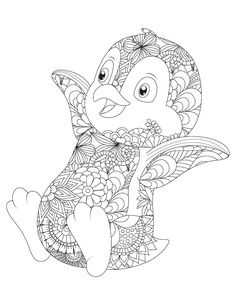 a cartoon penguin sitting on the ground with flowers and leaves in its beak, coloring pages