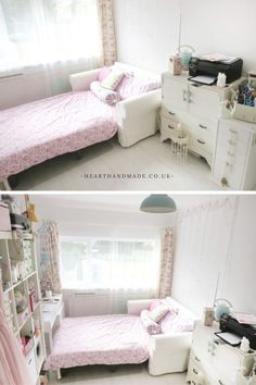 two pictures of a bedroom with pink bedding and white furniture, one is empty