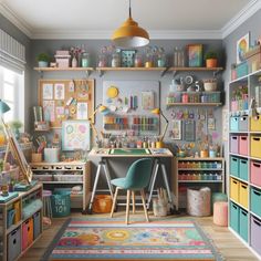 a child's room with lots of toys on the shelves and colorful rugs