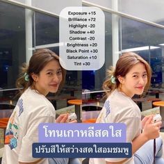 two young women sitting next to each other in front of a building with an advertisement on it