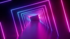 an image of a tunnel with neon lights in the dark and pink light at the end