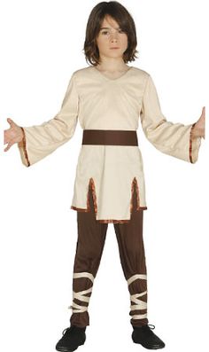 a young boy dressed as luke from star wars is standing with his arms spread out