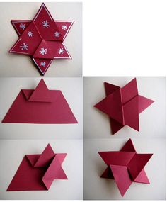 four different views of folded origami stars and snowflakes on the wall