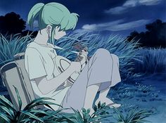 an anime character sitting in the grass holding a guitar