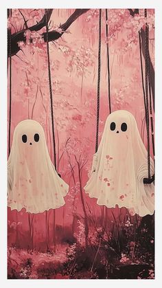 two ghost like figures standing in the middle of a forest with pink trees and leaves