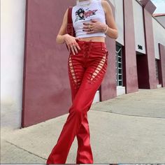 Red Lace Up Faux Leather Pants. Perfect For Festival Season. Never Worn, Only Tried On! Summer Streetwear, Red Pants, Type Of Pants, Slim Fit Pants, Slim Pants, Straight Pants, Women Lace, Straight Leg Pants, Flare Pants