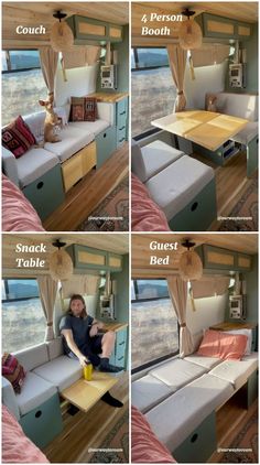 four pictures show the inside of a camper with couches and bed in it