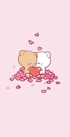 two teddy bears hugging each other with hearts floating around them on a pink wallpaper background