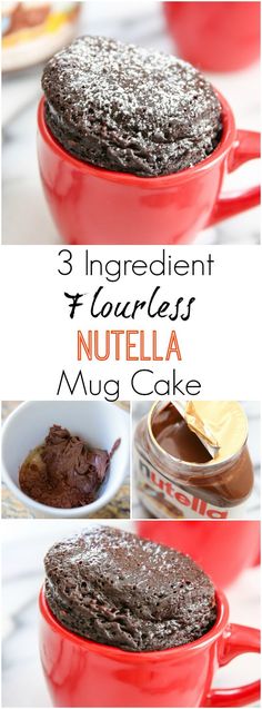 3 ingredient chocolate nutella mug cake in three different pictures with the title overlay