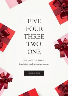 two red bows with the words five four three one on it, surrounded by other red and