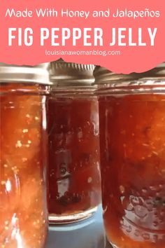 three jars filled with food sitting on top of a counter next to each other and the words made with honey and jalapenos