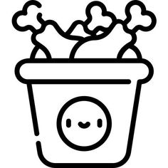 a black and white drawing of a bucket full of fruit with an emoticive smiley face