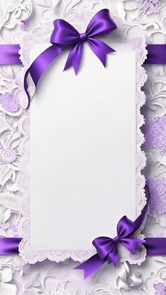 a white card with purple ribbon and bow on lace paper, decorated with satin ribbons