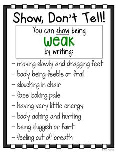 a poster that says show don't tell you can show being weak by writing