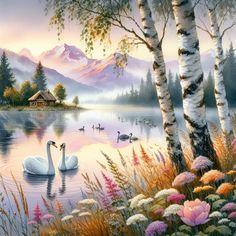 a painting of swans swimming in a lake