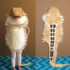 two pictures of children in costumes made to look like alligators and seahorses