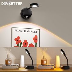 the light is on above the table with flowers in vases next to it and an advertisement for flower market