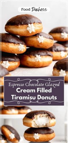 chocolate glazed cream filled tiamsy donuts are stacked on top of each other