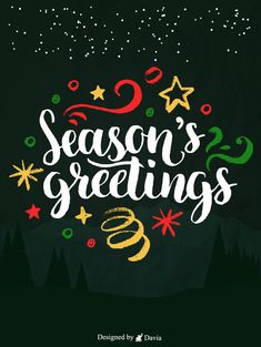 season's greetings hand lettering with stars and confetti on black background