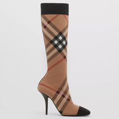 Point-Toe Sock Boots In Knitted Check, Framed With A Ribbed Cuff And Smooth Leather Trims. The Style Is Set On A Slim High Heel. Upper: 98% Polyamide, 1% Calf Leather, 1% Elastane Lining: 90% Sheep Leather, 8% Polyamide, 2% Polyurethane Sole: 100% Leather Heel: 100% Calf Leather Slip-On Style Point Toe Heel Height: 10.5cm/4.1in Made In Italy Burberry Heels, Burberry Rain Boots, Shoe Gallery, Black Platform Boots, Sock Boots, Toe Socks, Burberry Shoes, Sheep Leather, High Heel Boots Ankle