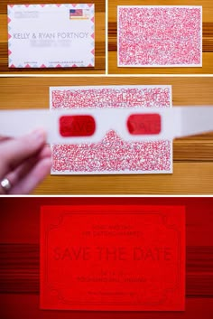 red and white wedding stationery with eye glasses