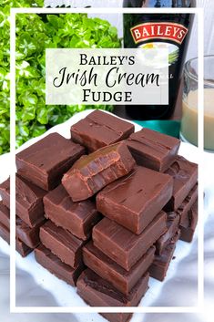 bailey's irish cream fudge is stacked up on a plate