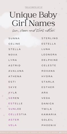 the unique baby girl names list is shown in pink and white with stars on it