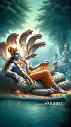 the god is sitting on top of a large snake