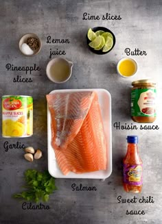 the ingredients needed to make salmon sauce on a plate