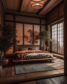 a bed sitting in a bedroom next to a window covered in bamboo blinds and a potted plant