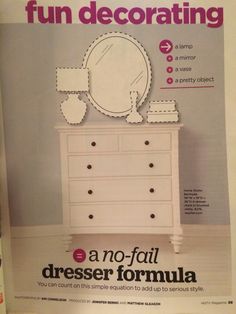 a magazine cover with an image of a dresser and mirror on it's side