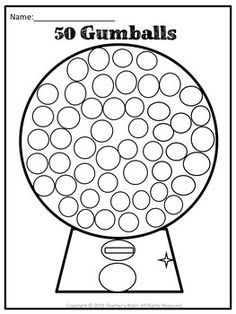 the gumball machine coloring page is shown in black and white, with numbers on it