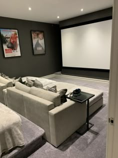 a room with two couches and a projector screen