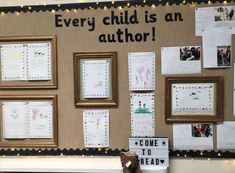 a bulletin board that has been decorated with pictures and writing on it, including children's books