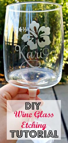 a hand holding up a wine glass with the words diy wine glass etched on it