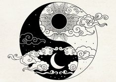 the yin symbol with clouds and sun on it, in black and white ink drawing